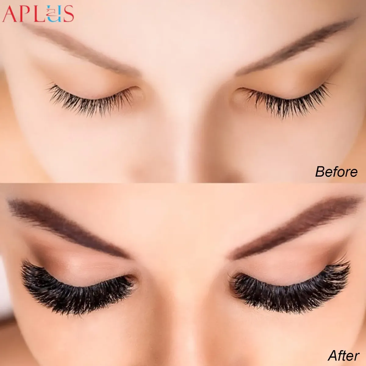 Before and after applying 0.07 volume lashes